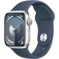 Apple Watch Series 9 41 мм (алюминиевый корпус, серебристый/грозовой синий, спортивный силиконовый ремешок S/M)